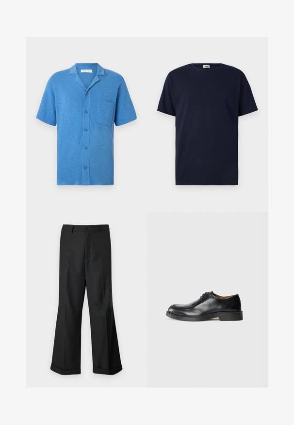 Kurzärmeliges, blaues Hemd mit Knopfleiste, gefertigt aus strukturiertem Stoff. Verfügt über einen Reverskragen und eine Brusttasche.; Marineblaue Kurzarm-T-Shirt aus Baumwolle, mit rundem Halsausschnitt und lockerer Passform, ohne sichtbare Muster oder Akzente.; Schwarze weit geschnittene Hosen mit geknöpftem Bund und umgeschlagenen Säumen, vor einem schlichten weißen Hintergrund präsentiert.; Schwarze Leder-Dressschuhe mit abgerundetem Zehenbereich, glatter Oberfläche, Schnürdetails und einer niedrigen, strukturierten Gummisohle. Saubere Linien und minimalistisches Design.