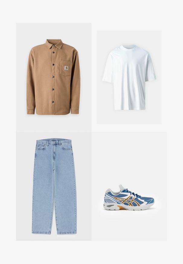 Bruine flanellen overhemd met een knoopsluiting, lange mouwen, een enkel borstzakje met logo patch, en zwarte knopen. Zachte textuur.; Witte korte mouwen t-shirt van zacht katoen. Heeft een ronde halslijn, een relaxte pasvorm en een gladde textuur. Geen zichtbare patronen of accenten.; Lichtblauwe denim jeans met een recht model, voorzien van een middelhoge taille, vijf zakken en een knoop- en ritssluiting.; Blauwe sportshoe met een bovenwerk van mesh, witte en oranje accenten, gevoerde tussenzool en een getextureerde rubberen buitenzool. Heeft een vetersluiting.
