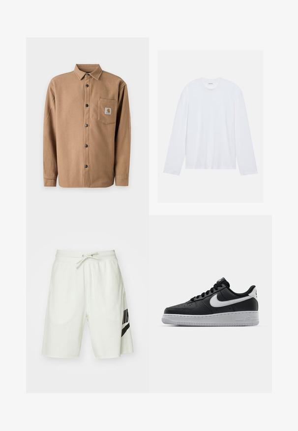 Brun flannel skjorte med knapp-lukking, lange ermer, en brystlomme med logo-patch og svarte knapper. Myk tekstur.; Hvit langermet t-skjorte laget av bomull. Har en klassisk rund hals og senkede skul seams, med en jevn, ensfarget tekstur.; Lysegrå bomullsshorts med elastisk midjebånd, justerbar snor og en svart Nike-logo på venstre side.; Svart lær sneakers med teksturert overflate, hvit Nike swoosh, grå såle, rund tå og snøredesign. Har perforeringer på tåboksen.