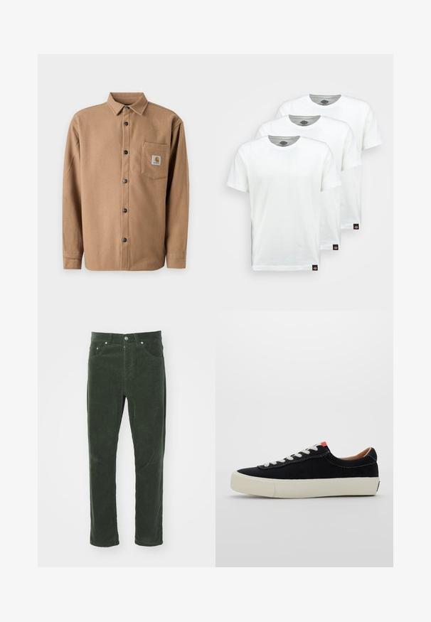 Camicia in flanella marrone con design a bottoni, maniche lunghe, taschino singolo con patch del logo e bottoni neri. Texture morbida.; Tre magliette di cotone bianche semplici con maniche corte. Ogni maglietta presenta un collo rotondo e un piccolo etichetta logo nera sul lato sinistro.; Pantaloni in corduroy verde con design a gamba dritta, dotati di cinque tasche, chiusura con bottone metallico e superficie a coste texture.; Sneaker in tessuto nero con lacci bianchi, suola in gomma beige e dettaglio rosso sul tallone. Punta arrotondata e minimo dettaglio di cucitura.