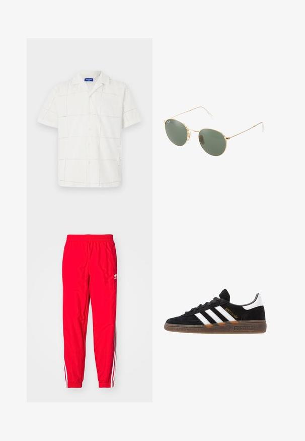 Īsām piedurknēm, balta krekls, izgatavots no auduma ar teksturētu režģa rakstu. Iekļauts apkakle un pogu aizdare priekšā, ar smalkiem šuvju detaļām.; Balts kokvilnas T-krekls ar apaļu kakla izgriezumu, īsām piedurknēm un brīvu piegriezumu. Tam ir vienkāršs dizains bez rakstiem vai akcentiem.; Sarkani sporta bikses ar elastīgu jostasvietu, baltām svītrām gar sāniem un mazu balto logo kreisajā augšstilbā.; Melnas Adidas sporta kurpes ar baltām svītrām, zelta "Spezial" uzrakstu, gumijas zoli un baltu papēža daļu, attēlotas profila skatījumā.; Zelta metāla rāmis saulesbrillēm ar zaļiem stikliem, apaļa forma, plānas kājiņas un baltas plastmasas akcenti uz roku galiem.