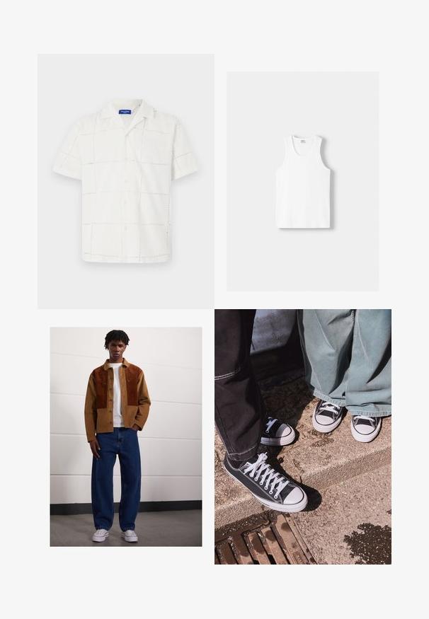 Lyhythihainen valkoinen paita, joka on valmistettu kankaasta, jossa on teksturoitu ruutukuvio. Sen ominaisuuksiin kuuluu kaulus ja napitettava etuosa, sekä hienovaraisia ompelutietoja.; Valkoinen puuvillainen hihaton paita, jossa on pyöreä kaula-aukko, leveät olkaimet ja suora helma. Paidan tekstuuri on sileä, eikä siinä ole näkyviä kuvioita.; Mies seisoo sisätiloissa päällään ruskea vakosamettitakki, jossa on ruosteenvärisiä läiskiä, valkoinen t-paita, väljät siniset farkut ja valkoiset tennarit.; Musta kankainen matalavartinen lenkkitossu, jossa on valkoiset kumivartaat ja nauhat, yhdistettynä leveisiin vihreisiin farkkuihin, teksturoidulla kivipinnalla.