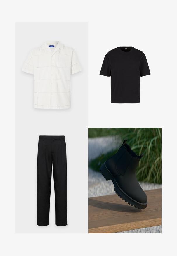 Cămașă albă cu mânecă scurtă, confecționată dintr-un material cu un model texturat în grilă. Dispune de o guler și un închidere cu nasturi, cu detalii de cusătură subtile.; Tricou negru cu mânecă scurtă, fabricat din bumbac moale. Guler clasic de tip crew și o croială lejeră, fără modele vizibile sau detalii metalice.; Pantaloni negri dintr-un material neted, cu un design drept, două pliuri frontale și un tiv standard cu bucle pentru curea.; Botine negre cu un finisaj neted, panouri laterale elastice și o talpă groasă, robustă. Așezate pe un fundal natural, pe o suprafață din lemn.