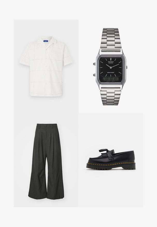 Short-sleeve, white shirt made of fabric with a textured grid pattern. Features a collar and button-up front, with subtle stitching details.; Jaded London GOLIATH TROUSER UNISEX - Trousers - grey; Black leather loafer with a tasseled accent, featuring a chunky black sole and yellow stitching along the edge. Textured finish.; Silver stainless steel quartz watch with a black rectangular face, featuring analog hands, digital display, and water resistance label.
