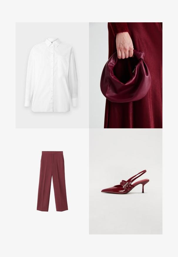 Biela košeľa s dlhým rukávom a gombíkmi, s golierom a náprsným vreckom, vystavená na jednoduchej bielej pozadí.; Bordové nohavice s širokými nohavicami a hladkým povrchom, s bočnými vreckami a vysokým pásom. Ušité s čistým predným záhybom.; Červené lakované kožené sandále na podpätku s jemne špičatou špičkou, dvoma prackovými remienkami a štíhlym, stredne vysokým ihlovým podpätkom. Hladký povrch.; Burgundská kožená kabelka s mäkkým, zhromaždeným dizajnom a zaobleným tvarom. Rukoväť je pevne zaisťujúca a vystavuje hladkú textúru.