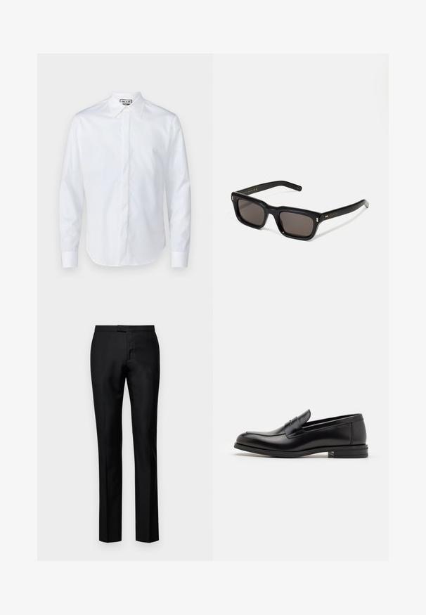 Balts garām piedurknēm krekls, izgatavots no gludas kokvilnas, ar norādītu apkakli, pogu aizdari un noapaļotu apakšmalu ar iegrieztām piedurknēm.; Melnas izstrādātas bikses ar gludu tekstūru, taisnu kāju dizainu, rāvējslēdzēja jostu un standartizmēra vidukli, ar nemanāmiem priekšējiem kabatām.; Melnas ādas kurpes ar gludu tekstūru, noapaļu purngalu un dekoratīvu siksniņu pāri priekšpusei. Zems sakrauts papēdis, minimālisma dizains.; Melnas taisnstūra formas saulesbrilles ar tumšiem stikliem, bieza plastmasas rāmja, zelta akcenti pie tempļiem un zīmola logo iegravēts roku daļā.