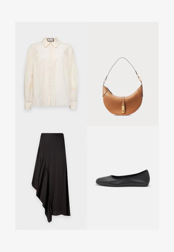 Kremna bluzica s gumbi in ovratnikom, ki ima vertikalne gube in čipkaste detajle na ramenih in manšetah. Mehka tkanina z dolgimi rokavi.; AERON ASTER SKIRT - Ozko oprijeto krilo - black; Črne usnjene balerinke z zaobljenim nosom, gladko teksturo, minimalnimi šivi in fleksibilno zasnovo podplata.; Torbica iz rjavega usnja s ukrivljeno obliko, z zlatimi dodatki in tankim naramnim trakom. Ima zadrgo za zapiranje in detajl logotipa na sprednji strani.