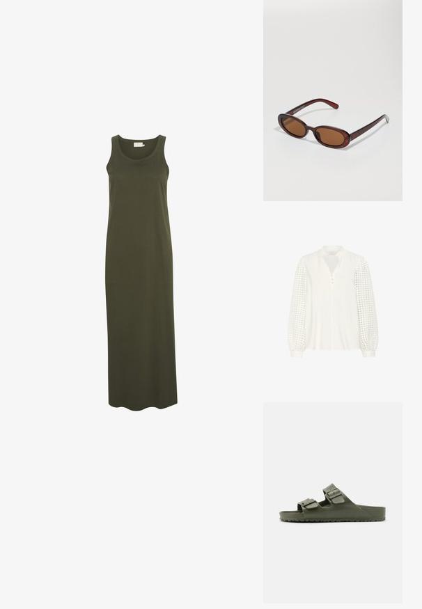 Kaffe Bluse - chalk; Langes, ärmelloses Kleid aus festem dunkelgrünem Baumwollstoff mit rundem Halsausschnitt und gerader, fließender Silhouette.; Grüne Sandale mit zwei verstellbaren Schnallen, gefertigt aus strapazierfähigem Material. Verfügt über ein strukturiertes Fußbett und eine gemusterte Gummisohle für besseren Halt.; Runde, braun getönte Sonnenbrillen mit einem glänzenden burgunderfarbenen Rahmen. Schlanke Bügel mit dezentem Branding. Flaches Linsendesign.; Casio Quarz-Uhr mit einem rechteckigen silbernen Zifferblatt, goldenen Akzenten und einem zweifarbigen Metallarmband in Silber und Gold. Wasserdicht.