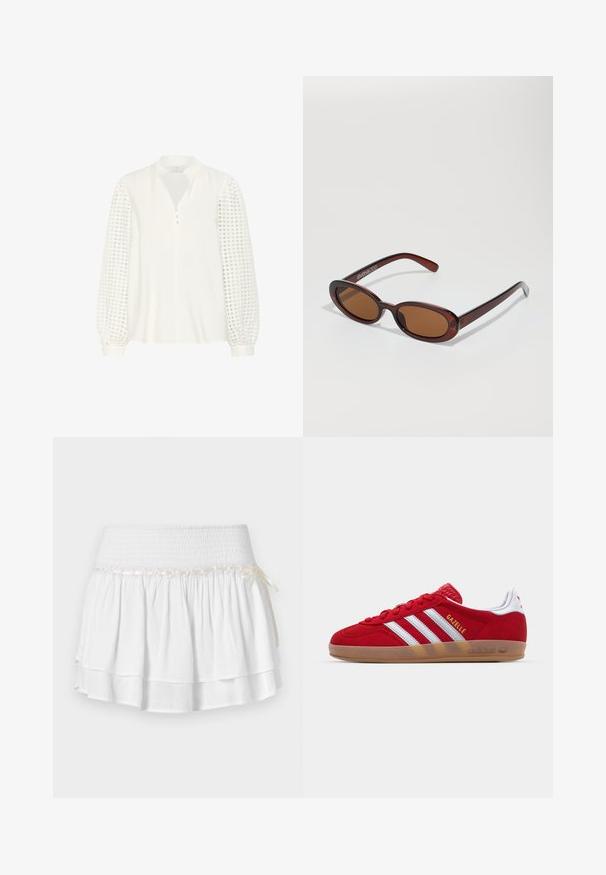 Kaffe Blouse - chalk; Jupe blanche à volants avec une taille élastique, présentant un détail de smockage texturé et une accentuation en ruban décoratif. Tissu en coton.; Basket en daim rouge avec un design à trois rayures blanches et le texte doré "Gazelle". Comprend une semelle en caoutchouc et un talon texturé.; Lunettes de soleil rondes teinte brun avec une monture bordeaux brillante. Branches fines avec un détail de marque subtil. Design de verres plats.; Sac en osier tissé avec des accents en cuir marron, deux poignées et une bandoulière détachable. Forme courbée avec une base robuste.