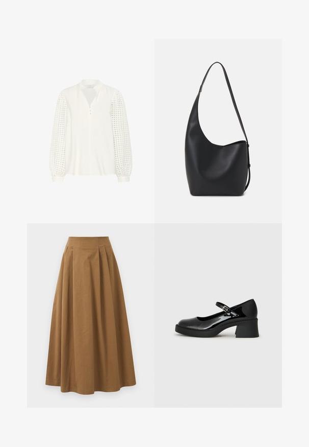 Kaffe Blouse - chalk; T-shirt noir à manches longues en tissu à côtes, avec un col rond et un petit logo Diesel rouge brodé sur la poitrine.; Jupe A-line en coton brun avec taille haute, dotée de plis sur le devant et d'une texture lisse. Les finitions de l'ourlet sont nettes et simples.; Chaussure Mary Jane en cuir verni noir avec un embout arrondi, une sangle réglable et un talon carré épais. Présente une semelle texturée.; Sac hobo en cuir noir avec une texture lisse, une forme incurvée et une seule sangle réglable ; dispose d'une large ouverture en haut.