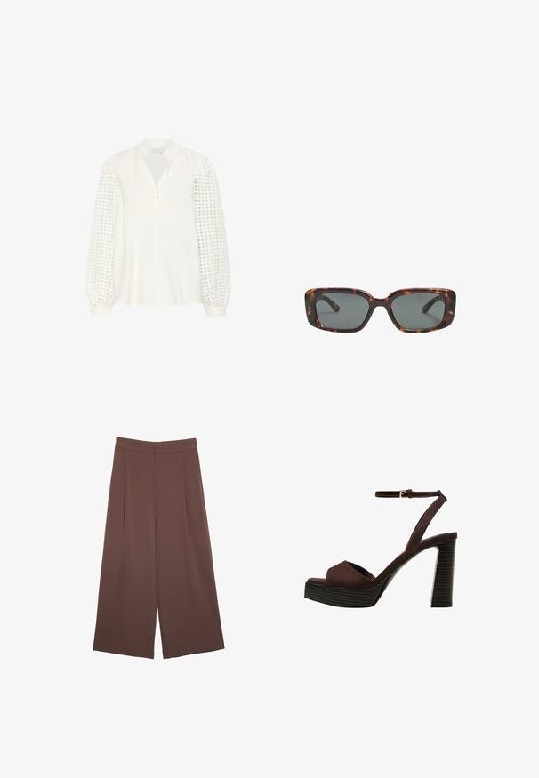Kaffe Bluse - chalk; Braune Weite-Leg-Hosen mit einer glatten Textur, hoher Taille und Vorderfalten. Der Stoff ist leicht und fällt locker.; Braune Wildleder-Pumps mit offenem Zeh, verstellbarem Knöchelriemen und gestreiftem Plateausohlen.; Sonnenbrille im Schildpatt-Design mit rechteckigen Gläsern, dicken Rahmen und dunkelgetönten Gläsern. Glatte Textur und minimalistisches Design.