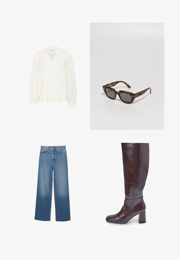 Kaffe Bluse - chalk; Hellblaue Denim-Jeans im weiten Schnitt mit hoher Taille, zwei vorderen Taschen und sanften Ausbleichungen an den Oberschenkeln, ausgestattet mit einem normalen Knopf- und Reißverschluss.; Braune Lederstiefel bis zum Knie mit einer viereckigen Spitze und einem klobigen Absatz. Die Oberfläche ist glänzend und hebt die glatte Textur sowie die Designelemente hervor.; Schildpatt-Sonnenbrille mit kantigen Rahmen und grauen Gläsern. Verfügt über eine glänzende Oberfläche und dezente Markenkennzeichnung an den Bügeln.; Braune Ledertasche mit einem gewölbten oberen Teil, einem einzelnen Schulterriemen und einer glatten Textur. Verfügt über ein minimalistisches Design und einen offenen Verschluss.