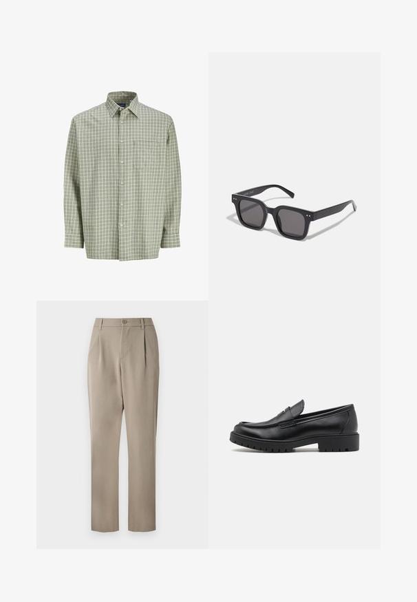 Cămașă cu mâneci lungi în carouri verzi și albe, cu un buzunar frontal și o textură de țesătură moale. Guler clasic și închidere cu nasturi.; Top fără mâneci alb, realizat din bumbac canelat. Are un guler rotund și o textură netedă. Eticheta spune "PULL&BEAR."; Pantaloni kaki cu un design drept, având un sistem de închidere cu buton și un față pliată. Construiți dintr-o țesătură netedă cu un finisaj mat.; Mocasini din piele neagră cu vârf rotund, design slip-on și talpă groasă din cauciuc cu un grip texturat. Toc înălțat și detalii subtile de cusătură.; Ochelari de soare negri, de formă rectangulară, cu lentile închise, având un cadru gros, accente subtile pe margini și fără logo-uri vizibile în afară de numele brandului.; Ceas quartz metalic cu cadran negru, numerale albe și afișaj de dată. Dispune de o bratara din oțel inoxidabil și o rezistență la apă de 100m.