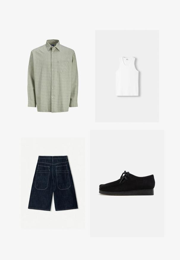 Groen en wit geruite button-up overhemd met lange mouwen, een voorknop en een zachte stoftextuur. Klassieke kraag en knoopsluiting.; Witte katoenen tanktop met een ronde halslijn, brede schouderbanden en een rechte zoom, met een gladde textuur en zonder zichtbare patronen.; Donkerblauwe spijkerbroekshorts met een losse pasvorm, voorzien van twee achterzakken, contrasterende stiksels en een recht ontwerp.; Zwarte suède schoenen met een rond teenontwerp, een vetersluiting aan de voorkant en een gestructureerde zwarte rubberen zool. Gladde bovenkant met subtiele stikseldetails.