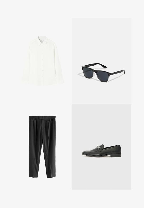 Cămașă albă cu mânecă lungă, fabricată dintr-un material neted, cu un sistem de închidere cu nasturi, guler clasic și tiv drept cu margini rotunjite.; Next REGULAR FIT -CHECK SMART - Pantaloni chino - black; Pantofii negri din piele cu un finisaj neted, având un design cusut și un accent decorativ de lanț metalic peste partea de sus. Toc plat.; Ochelari de soare negri cu o formă rectangulară, lentile întunecate, accente argintii la tâmple și un finisaj mat pe cadru.
