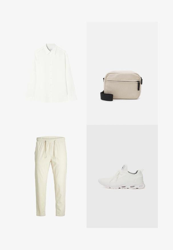 Bijela košulja dugih rukava izrađena od glatkog materijala, s dugim kopčanjem sprijeda, klasičnom kragnom i ravnim rubom sa zaobljenim stranama.; Svijetlosmeđi jogger hlače s elastičnim strukom, podesivom vezicom i suženim gležnjevima, izrađene od mekog, teksturiranog materijala.; Bijele atletske tenisice s gornjim dijelom od teksturiranog pletenog materijala, ravnim vezicama i jastučićem u potplatu s vidljivim zračnim komorama radi dodatne potpore.; Kremast ženski crossbody torba od kordura s crnim patentnim zatvaračem, uklonjivim remenom i teksturiranim uzorkom. Ima jedan glavni pretinac i prednji džep.