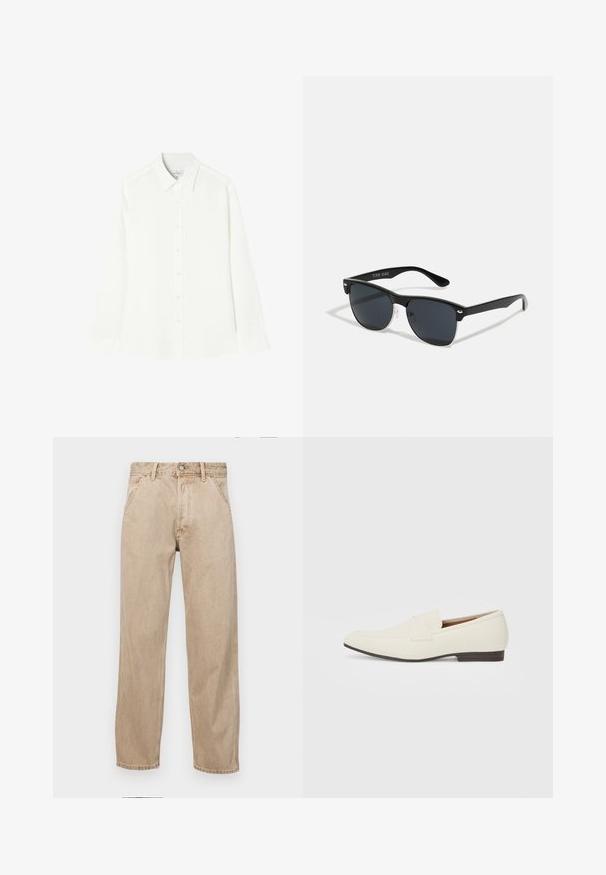 Witte lange mouw shirt gemaakt van een gladde stof, met een knoopsluiting aan de voorkant, klassieke kraag en rechte zoom met afgeronde zijkanten.; Beige denim jeans met een recht gesneden ontwerp, voorzien van voorzakken, een metalen knoopsluiting en een subtiele textuur.; Lichtbeige loafers met een spitse neus, glad materiaal, een band over de wreef en een lage bruine zool. Eenvoudig ontwerp met minimale accenten.; Zwarte zonnebril met een rechthoekige vorm, donkere lenzen, zilveren accenten bij de slapen en een matte afwerking op het montuur.