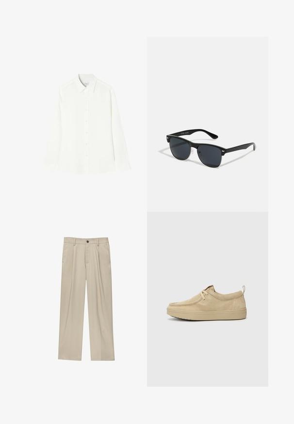 Bela srajca z dolgimi rokavi, izdelana iz gladkega materiala, z gumbnim zapiranjem spredaj, klasičnim ovratnikom in ravnim robom z zaobljenimi stranicami.; Bež hlače ravnega kroja, z enim črnim gumbom, zanke za pas in stranskimi žepi. Gladka tekstura tkanine in minimalističen dizajn.; Bež zamškasti slip-on čevlji s zaobljenim nosom, minimalnim šivom in gumijastim podplatom. Mehka tekstura z diskretnim logotipom na peti.; Črne sončne naočare pravokotne oblike, temna leča, srebrni detajli na ušesih in mat površina na okvirju.