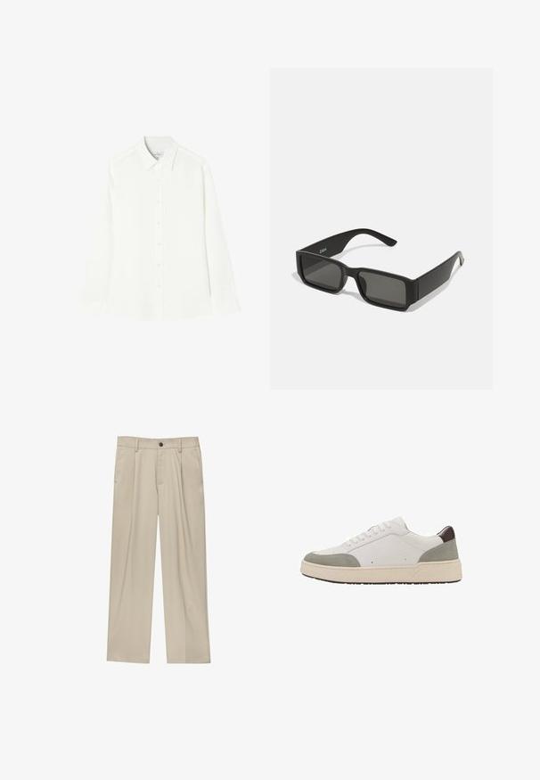 Bela srajca z dolgimi rokavi, izdelana iz gladkega materiala, z gumbnim zapiranjem spredaj, klasičnim ovratnikom in ravnim robom z zaobljenimi stranicami.; Bež hlače ravnega kroja, z enim črnim gumbom, zanke za pas in stranskimi žepi. Gladka tekstura tkanine in minimalističen dizajn.; Bela teniska z sivim semišem in temno rjavimi usnjenimi detajli. Ima sistem vezanja, zaobljen prst, debel bel gumijast podplat in minimalne šive.; Črne sončne očala z pravokotnimi lečami, mat plastični okvir in ravne robove. Izdelki imajo logotip blagovne znamke na notranji strani ročaja.; Bela biserna ogrlica z enakomerno okroglo obliko, gladko površino in kovinsko zaponko z raztegnjeno verigo za prilagodljivo dolžino.