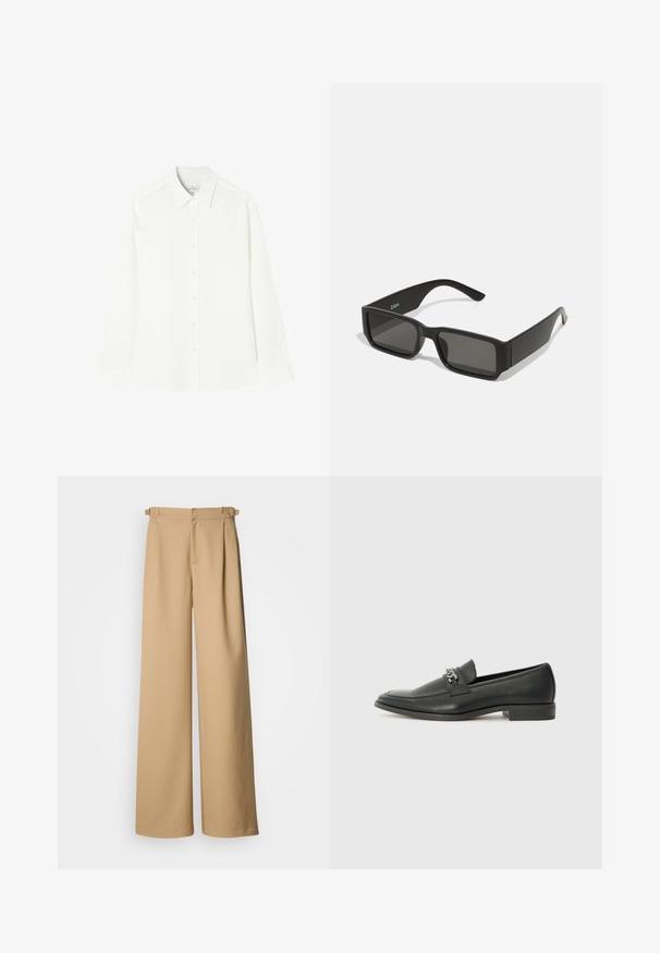 Valkoinen pitkähihainen paita, joka on valmistettu sileästä kankaasta. Paidan etuosa on napitettavissa ja siinä on klassinen kaulus sekä suora helma, jonka sivut ovat pyöristetyt.; Beige levelet trouserit korkealla vyötäröllä, laskostetulla edellä ja vyölenkeillä. Valmistettu sileästä kankaasta, jossa on puhdas ja minimalistinen muotoilu.; Musta nahkakengät, joissa on sileä pinta, koristeelliset ompeleet ja metalliketjun yksityiskohta kengän päällä. Littee korko.; Musta aurinkolasit suorakulmaisine linsseineen, matasta muovista valmistettu kehys ja suorat reunat. Sisähaara on varustettu merkkilogolla.; Valkoinen helminauha, jossa on tasainen pyöreä muoto, sileä pinta ja metallisolki, jossa on pidennysketju säädettävää pituutta varten.