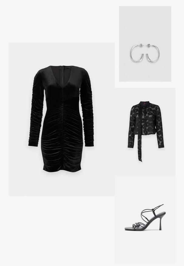 Sort gennemsigtig bluse med broderet blomsterdesign, lange ærmer, knaplukning foran og bindebånd ved halsudskæringen. Struktureret stof, cropped fit.; Sort velourkjole med lange pufærmer, dyb V-hals og rynke detaljer foran. Lynlåslukning bagpå. Glat tekstur.; Sorte højhælede sandaler med tynde stropper og en knyttet design, en glat firkantet tå og en slank stiletto hæl.; Lys grå metallisk håndtaske med kædestrop, dekoreret med små runde metalliske studs og et trekantet brandlogo.; Sølv hoop øreringe med en glat, skinnende overflade. Rundet form, letvægtsdesign med post-back lukning.