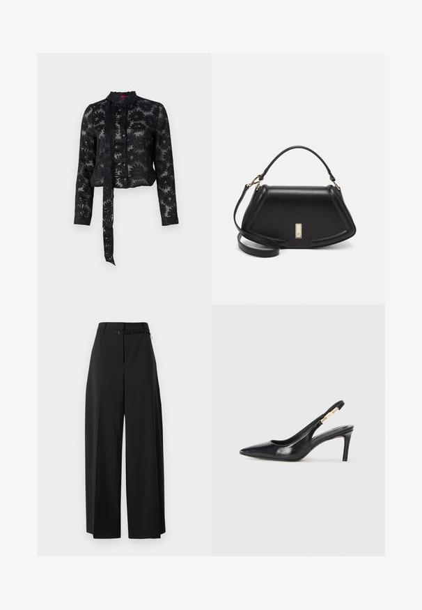 Svart gjennomsiktig bluse med brodert blomstermønster, lange ermer, knappestolpe foran, og knytefeste i kragen. Strukturert stoff, kort passform.; Svarte vide bukser med høy midje og belte. Har en jevn tekstur og rene linjer, designet for en avslappet passform.; Sorte skinn slingback høyhælte sko med spiss tå, glatt tekstur og en smal ankelrem med gullhardvareakenter.; Sort lærveske med en strukturert design, som har en avkortet form, topphåndtak og detaljer i gull. Justerbar skulderstropp inkludert.