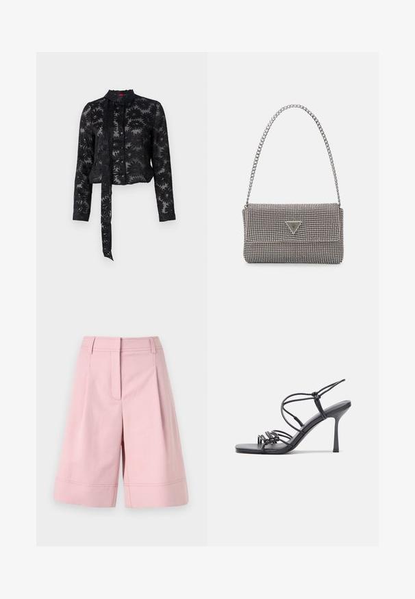 Mustapohja läpinäkyvä pusero, jossa on brodeerattu kukkakuosi, pitkät hihat, nappisuljenta ja sidontakiinnitys kaula-aukossa. Teksturoitu kangas, lyhennetty malli.; Vaaleanpunaiset shortsit, jotka on valmistettu puuvillasekoitemateriaalista. Niissä on korkea vyötärö, pleateja ja helma, jossa on näkyviä ompeluyksityiskohtia.; Mustat korkokengät sandaalit, joissa on ohuet hihnat solmittuna, sileä neliön muotoinen varvasosa ja tyylikäs stiletto-korko.; Vaalea harmaa metallinen käsilaukku, jossa on ketjusanka. Laukku on koristeltu pienillä pyöreillä metallikoruilla ja kolmion muotoisella brändilogolla.