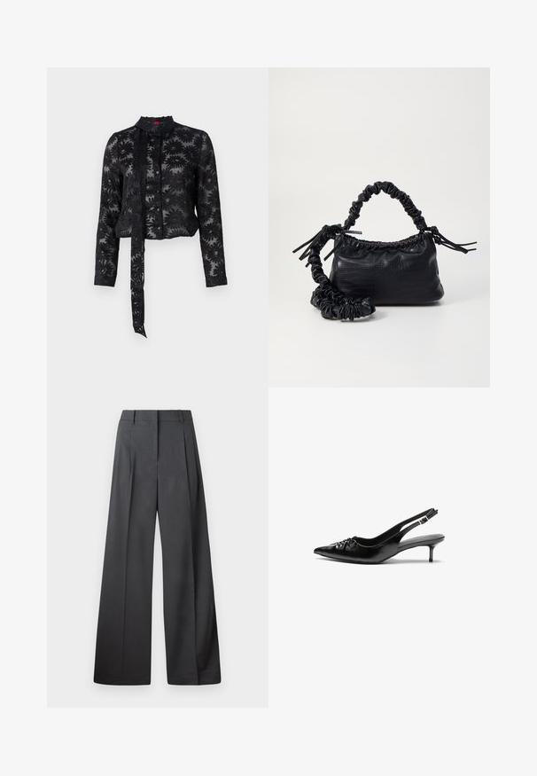 Čierna priesvitná blúzka s vyšívaným kvetinovým vzorom, dlhými rukávmi, gombíkovým zapínaním vpredu a viazaním na krku. Texturovaná tkanina, skrátený strih.; Nohavice s širokými nohavicami z tmavošedej látky, s vysokým pásom, jedinými záhybmi a hladkou textúrou s čistým zakončením na lemoch.; Čierne kožené slingback podpätky s ostrou špičkou, malým podpatkom a dekoratívnym uzlom vpredu. Hladký povrch po celom obvode.; Čierna umelá kožená kabelka s kroko vzorom, sťahovaným vrchom a zhnutým popruhom. Vyzerá mäkko a kompaktné v dizajne.