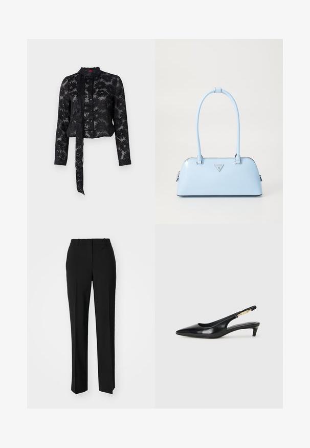 Must koos väljakujutatud lilledega must läbipaistev pluus, pikad varrukad, nööbid ees ja sidekaeluses. Tekstureeritud kangas, lühike lõige.; Mustad ja sirged püksid, millel on sile tekstuur ja teravad voldid esiosas. Ilma nähtavate detailideta.; Mustad nahast slingback kontsad terava ninaga, millel on õhuke konts ja kuldse tooni aktsent reguleeritaval rihmal. Sile tekstuur.; Hele helesinine käekott, millel on struktureeritud kuju, sile nahk, kaks käepidet ja kolmnurkne brändi logo esiküljel. Lukuga sulgemine.