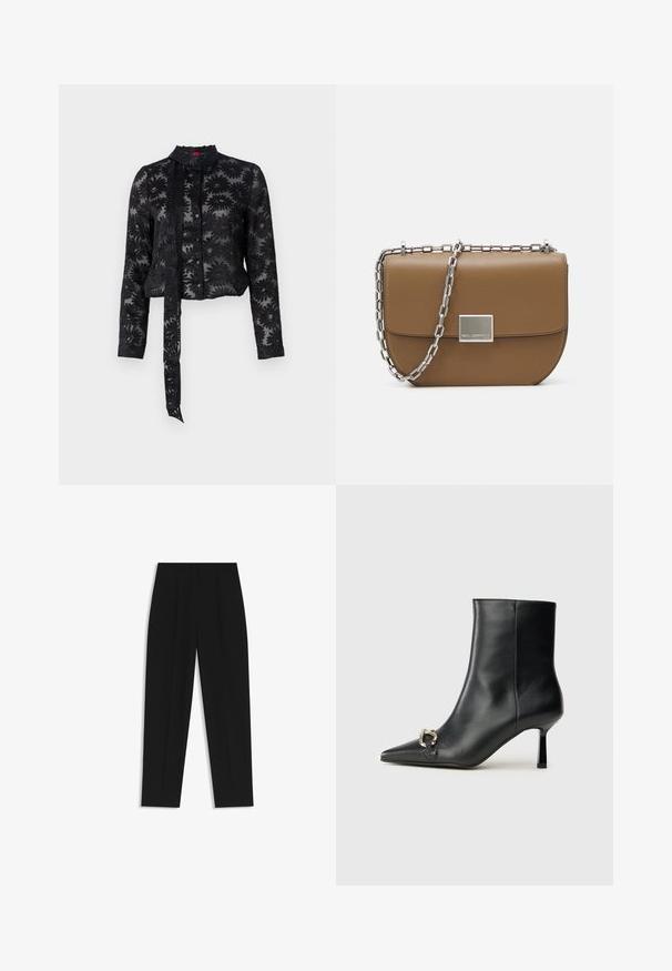 Sort gennemsigtig bluse med broderet blomsterdesign, lange ærmer, knaplukning foran og bindebånd ved halsudskæringen. Struktureret stof, cropped fit.; Sorte bukser med lige pasform, der har dobbelte folder, en glat tekstur og et klassisk taljedesign. Ingen synlige hardware eller accenter.; Sort læder ankelstøvle med spidse tæer, slank hæl i mellemhøjde og sølvspænde detaljer på siden mod en ensfarvet baggrund.; Brun læder crossbody taske med en buet form, sølv kædested og en firkantet metallisk spænde detalje på forsiden.