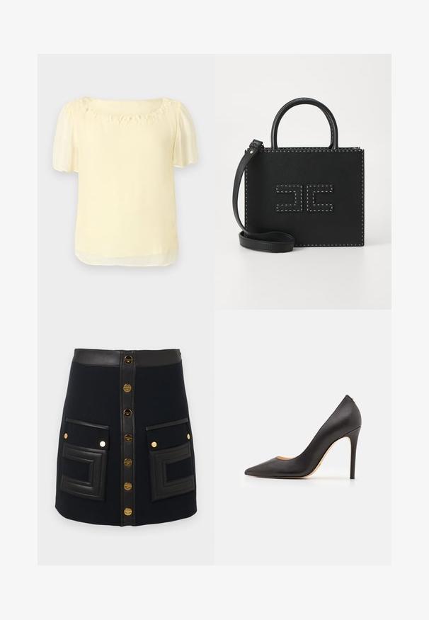 Jasnożółta bluzka z krótkimi bufkami, okrągłym dekoltem ozdobionym kwiatowymi haftami oraz gładką, lekką teksturą.; Czarna spódnica w kształcie litery A z przodu złotymi guzikami, sztucznym skórzanym pasem i dużymi kieszeniami naszytymi z geometrycznym przeszyciem.; Czarne skórzane szpilki z ostrym noskiem i gładką teksturą, z wąskim obcasem i minimalistycznym designem.; Elisabetta Franchi - Torebka