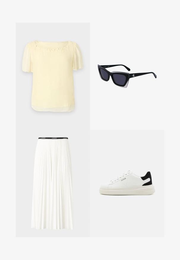 Helles gelbes Blusenshirt mit kurzen Puffärmeln, einem runden Ausschnitt, der mit floralem Schmuck verziert ist, und einer glatten, leichten Textur.; Faltenrock aus Weiß mit einem schwarzen elastischen Bund, der das "LACOSTE"-Logo trägt. Mittellanges Design mit weicher Textur.; Weiße Leder-Sneaker mit einer dicken weißen Sohle, schwarzem Wildlederakzent an der Ferse und geprägtem Logo an der Seite. Schnürdesign mit sechs Ösen.; Schwarze übergroße Sonnenbrille mit geometrischer Form, ausgestattet mit dunklen Gläsern und einem kontrastierenden grauen Detail im Rahmen. Logo am Bügel.