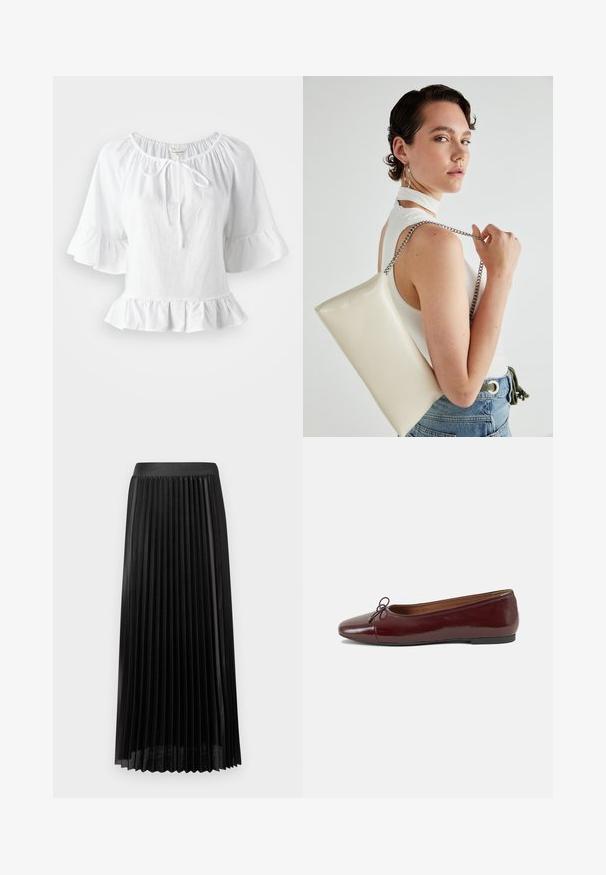 White, short-sleeve blouse with a ruffled hem and elasticized neckline, featuring a tie detail at the front. Made of lightweight fabric.; Pleated black skirt with a smooth waistband, made of lightweight fabric. Features crisp, vertical pleats and a mid-calf length design.; Burgundy patent leather ballet flat with a rounded toe, small bow accent at the front, and a low, black rubber sole. Smooth texture.; White rectangular clutch bag made of glossy material, featuring a silver chain strap. Model poses, showcasing the bag against a plain background.
