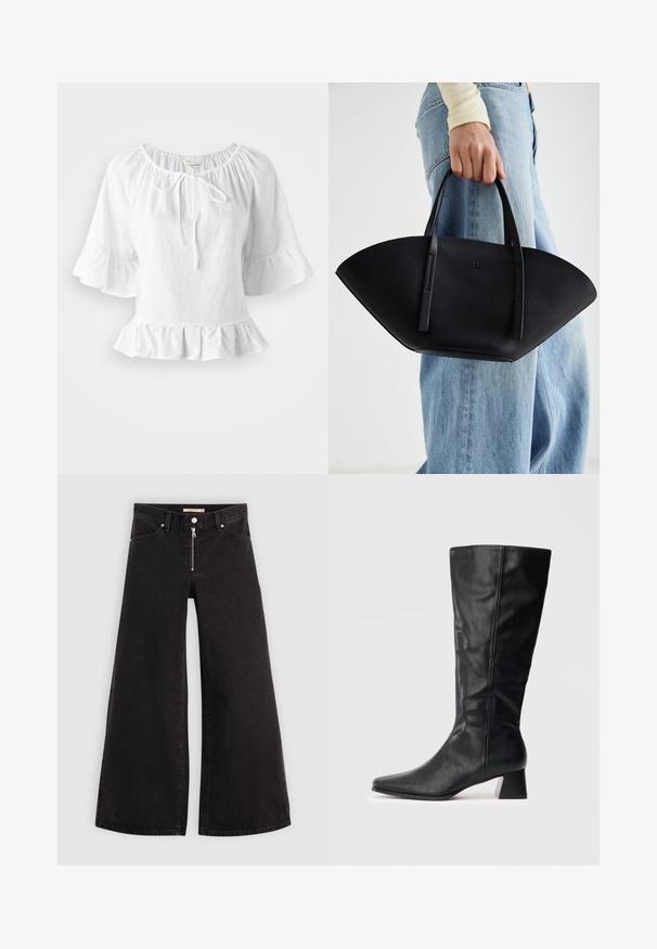 Biała bluzka z krótkim rękawem, z falbaniastym dołem i elastycznym dekoltem, z wiązaniem z przodu. Wykonana z lekkiego materiału.; Jeans o szerokich nogawkach w czarnym denienie z zamkiem błyskawicznym z przodu, pięcioma kieszeniami i subtelnymi detalami przeszycia. Gładka tekstura i swobodny styl.; Czarny skórzany botek do połowy łydki z ostrym noskiem i słupkowym obcasem na jednolitym jasnym tle.; Czarna skórzana torebka w unikalnym kształcie wachlarza, z płaskimi uchwytami. Powierzchnia ma fakturę kamyków i minimalistyczny design.