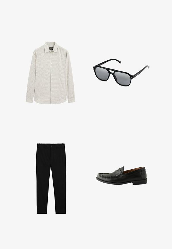 Hemd mit Knopfleiste im hellgrünen Karomuster, aus Baumwollmischung. Verfügt über einen klassischen Kragen und lange Ärmel, mit geradem Saum.; Weiße Baumwoll-Tanktops, ärmelloses Design, runder Ausschnitt, schlichte Textur, aus einem weichen, leichten Stoff. Zwei Stücke ausgestellt.; Schwarze maßgeschneiderte Hosen mit Knopfverschluss, Gürtelschlaufen und schmalem, geradem Bein, auf einem weißen Hintergrund präsentiert.; Schwarze Lederloafers mit glatter Oberfläche, abgerundetem Zehenbereich, handgestochener Detailarbeit und einer niedrigen Gummisohle. Klassisches und vielseitiges Design.; Schwarze Sonnenbrille mit rechteckigen Rahmen, grauen getönten Gläsern und einer Aussparung im Nasensteg. Schlanker, glänzender Kunststoff, mit schmalen Bügeln.