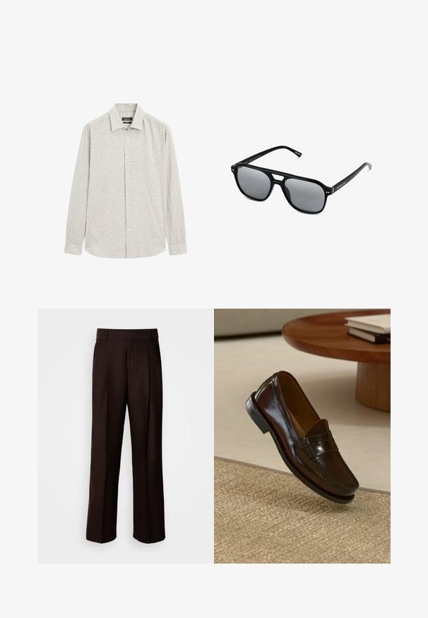 Overhemd met knopen in lichtgroen ruitpatroon, gemaakt van een katoenmix. Heeft een klassieke kraag en lange mouwen, met een rechte zoom.; Bruine op maat gemaakte broeken met een recht design, voorzien van een voorplooien, een gladde textuur en een klassieke tailleband. Geschikt voor formele gelegenheden.; Bruine leren instappers met een glanzende afwerking, voorzien van een gestikt detail aan de voorkant en een low-profile zwarte rubberen zool.; Zwarte zonnebril met rechthoekige montuur, grijs getinte glazen en een uitgesneden ontwerp bij de neusbrug. Strak, glanzend kunststof materiaal met smalle veren.