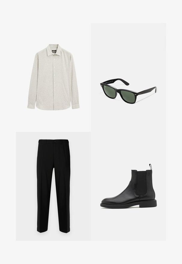 Camicia abbottonata in un leggero motivo a quadretti verdi, realizzata in misto cotone. Presenta un colletto classico e maniche lunghe, con un orlo dritto.; Pantaloni neri realizzati in tessuto liscio, con una vestibilità dritta, due tasche frontali e una chiusura con zip e bottone.; Stivale alla caviglia in pelle nera con texture liscia, pannelli laterali elastici e una linguetta per il tallone. Punta rotonda e suola piatta in gomma con minimo battistrada.; Occhiali da sole in plastica nera con lenti verdi, montatura quadrata, dettaglio argento sulla parte superiore e steli con texture. Marchio indicato sulla parte interna dello stelo.