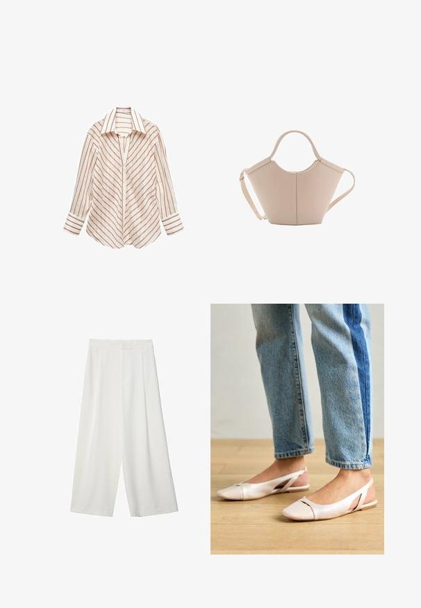 Camicia a bottoni in tessuto leggero, con strisce verticali rosse e bianche, colletto classico e maniche lunghe con dettagli sui polsini.; Pantaloni bianchi a gamba larga e cropped con una texture liscia, caratterizzati da una parte anteriore piatta e senza chiusure o tasche visibili.; Ballerine slingback rosa pallido con punta affusolata, realizzate in un materiale simile alla pelle liscio. Presentano dettagli a taglio sui lati e un tacco piatto.; Borsa in pelle beige con una forma unica, caratterizzata da due manici corti e una lunga tracolla regolabile. Texture liscia con hardware minimale.