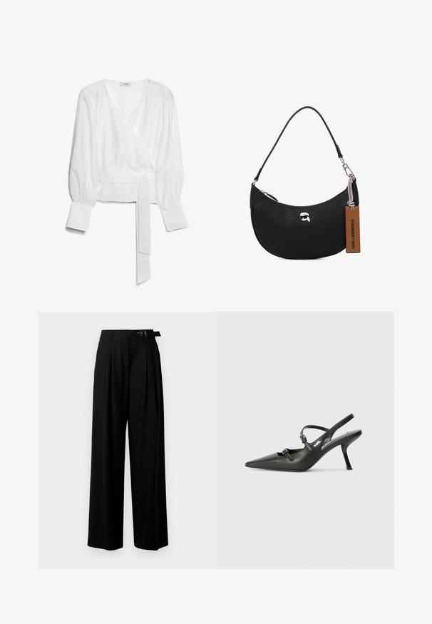 Blusa bianca a maniche lunghe con scollo a V profondo, polsini larghi e cintura in tessuto legata in vita, sdraiata su uno sfondo bianco.; Pantaloni neri a gamba larga con vita alta, pieghe nella parte anteriore e una cintura con fibbia. Realizzati in tessuto liscio e leggero.; Scarpe slingback nere in pelle con punta affilata, tacco sottile e dettaglio decorativo a fibbia sulla tomaia. Texture liscia e design elegante.; Borsa a tracolla nera in pelle con texture martellata, forma curva, chiusura superiore con zip, hardware color argento e un'etichetta marrone. Presenta un accento con logo.