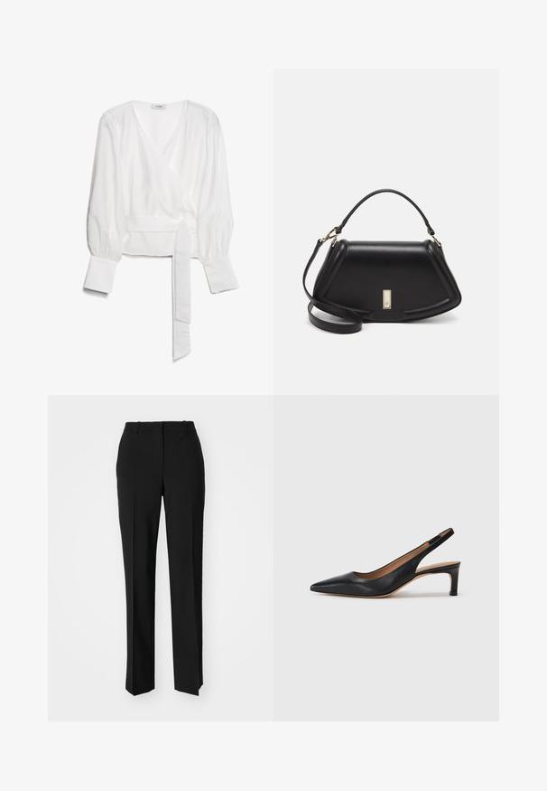 White long-sleeve wrap blouse with deep V-neck, wide cuffs, and fabric tie belt at waist, lying flat on a white background.; Black tailored trousers with a straight-leg design, featuring a smooth texture and crisp creases along the front. No visible hardware.; Black leather slingback pump with a pointed toe, low heel, and a smooth texture. Features a thin adjustable strap for a secure fit.; Black leather handbag with a structured design, featuring a cropped shape, top handle, and gold hardware accent. Adjustable shoulder strap included.