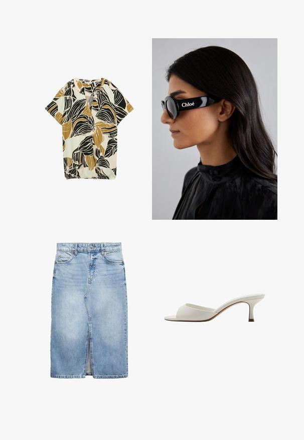 Bluza kratkih rukava s uzorkom lišća u crnoj, senf žutoj i svijetloplavoj boji na krem pozadini; lagani materijal s opuštenim krojem.; Denim suknja u svijetloplavoj boji, do koljena s prednjim prorezom. Ima pet petlji za pojas, dva prednja džepa i metalnu kopču.; Bijele otvorene sandale s visokom petom, glatke površine, minimalističkog dizajna i uske pete, sa suptilnim smeškastim naglaskom na đonu.; Crne sunčane naočale s okruglim lećama i odvažnim, uglatim okvirom s brendom "Chloé" u bijeloj boji sa strane. Glatka, sjajna završna obrada.; Kremavna kožna torba u obliku polumjeseca, zlatni detalji, crni akcenti i uklonjiva naramenica. Ima lančani detalj i oznaku.