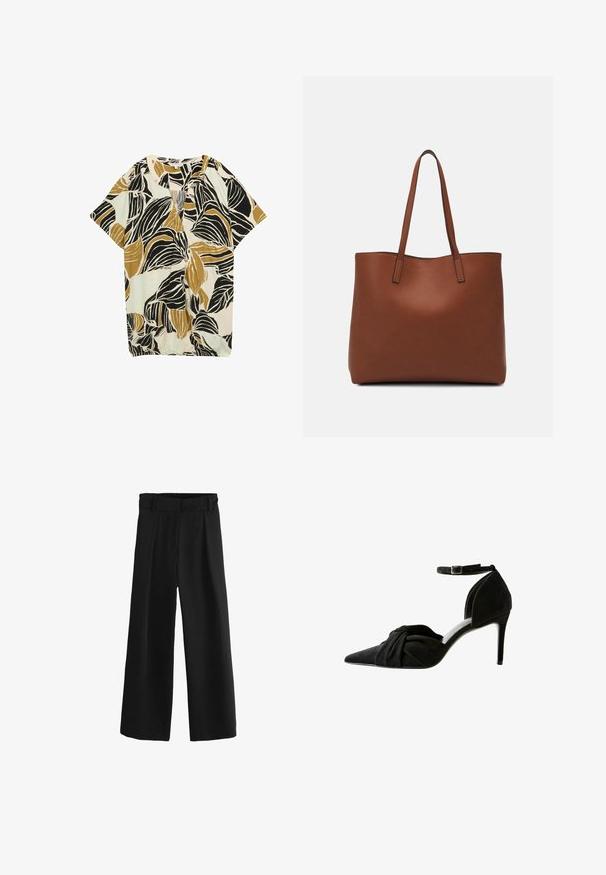 Blusa a maniche corte con un motivo a foglie in nero, senape e azzurro chiaro su uno sfondo crema; tessuto leggero con una vestibilità ampia.; Pantaloni neri a gamba larga con vita alta, caratterizzati da pieghe e una texture liscia e tessuta. Realizzati in tessuto morbido per garantire comfort.; Scarpa nera in suede con tacco alto, punta affusolata, dettaglio annodato sul davanti, cinturino alla caviglia e sottile tacco a stiletto.; Borsa tote in pelle marrone con texture liscia, design con apertura superiore e due spallacci. Presenta cuciture minime e nessun hardware visibile.