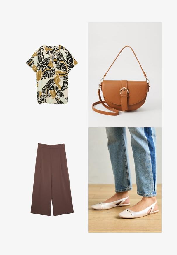 Blusa a maniche corte con un motivo a foglie in nero, senape e azzurro chiaro su uno sfondo crema; tessuto leggero con una vestibilità ampia.; Pantaloni ampi marroni con una texture liscia, caratterizzati da una vita alta e pieghe frontali. Il tessuto è leggero e scorre liberamente.; Ballerine slingback rosa pallido con punta affusolata, realizzate in un materiale simile alla pelle liscio. Presentano dettagli a taglio sui lati e un tacco piatto.; Borsa a tracolla in pelle marrone con forma curvata, hardware dorato e un dettaglio con fibbia. Presenta una tracolla rimovibile.
