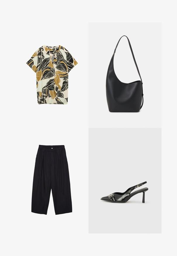 Kurzärmlige Bluse mit Blattmuster in Schwarz, Senfgelb und Hellblau auf einem cremefarbenen Hintergrund; leichtes Material mit lockerer Passform.; Schwarze Polyester-Culotte mit einem elastischen Bund, zwei vorderen Falten und einer lockeren Silhouette. Keine sichtbaren Muster oder Hardware-Details.; Schwarzer Lackleder Slingback-Schuh mit spitzem Zehenbereich, Knöchelriemen mit silbernen Schnallen und Beschlägen sowie einem schlanken Absatz.; Schwarze Leder-Hobo-Tasche mit einer glatten Textur, geschwungener Form und einem einzelnen verstellbaren Tragegurt; verfügt über eine weite Öffnung am oberen Ende.