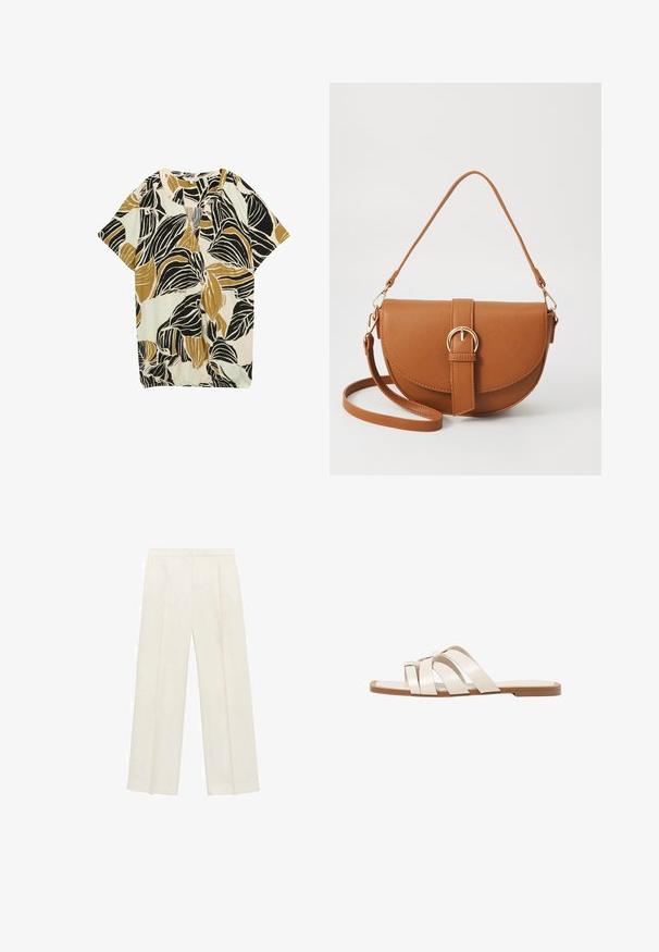 Kortærmet bluse med et bladmønster i sort, sennep og lysblå på en cremfarget baggrund; letvægtigt stof med en løs pasform.; Bredbenede bukser i en lys cremefarve. Fremstillet af et glat stof med plisseringer foran og sidelommer.; Flade sandaler med en lys gummisål, designet med tre overlappende hvide læderremme og en lille sløjfe detalje i midten.; Brun læder crossbody taske med en buet form, guldfarvet hardware og en spændeaccent. Har en aftagelig skulderrem.