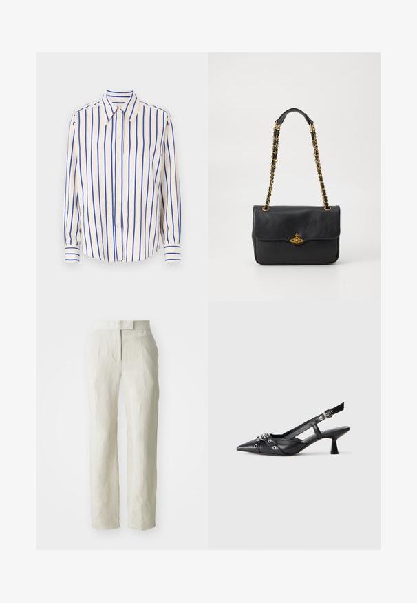 Tiger of Sweden CLEMONS beżowy; Białe lniane spodnie o dopasowanym kroju, z gładkim przodem i prostymi nogawkami. Gładka tekstura z delikatnymi zagnieceniami.; Czarne skórzane buty typu slingback z ostrym noskiem, ozdobnymi paskami z metalowymi oczkami oraz niskim klinowym obcasem. Teksturowana powierzchnia.; Czarna skórzana torebka z klapą, złotym łańcuszkiem i detalami z logo z przodu. Gładka tekstura.