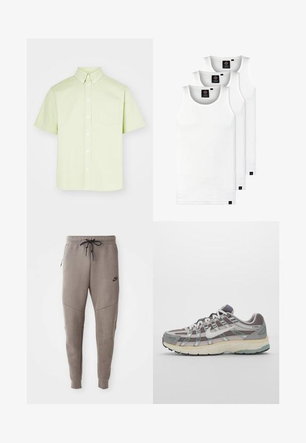 Failed to generate alt-text; Three white ribbed tank tops made of cotton. Features a crew neck and small black labels near the hem. Available in multiple sizes.; Gray Nike sweatpants with a drawstring waistband, tapered legs, side pockets, and distinct seam detailing. Soft, textured fabric.; Gray athletic shoe featuring a mesh and suede upper, white accents, a cushioned sole, and a distinctive design with reflective elements.