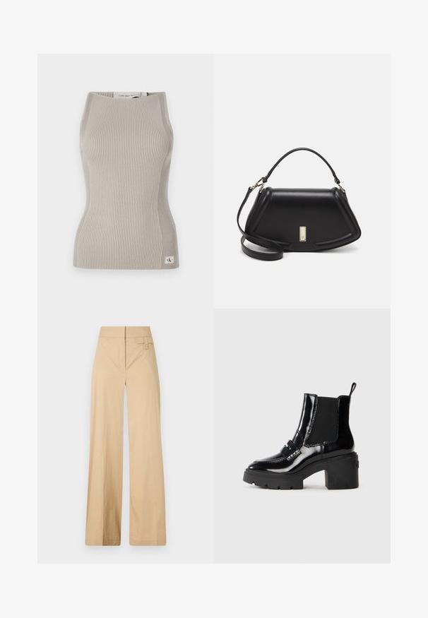 Lihava tank ülikond heledas beežis värvitoonis, keskmise raskusega kangast, kõrge kaelusega, sobiva lõikega ning väikese logo sildiga äärel.; Beige laiad sääred püksid, mis on valmistatud puuvilla segakangast. Omavad siledat tekstuuri, elastset vöökohta ja külgmist nööbiga detaili.; Must musta ankle boot, mille dekoratiivsete rihmade ja kontrastsete õmblustega, chunky kontsaga ja elastsete külgpaneelidega. Sile tekstuur läikiva viimistlusega.; Must mustrist käekott, millel on struktureeritud disain, lühendatud kuju, ülemine käepide ja kuldne metallist detail. Reguleeritav õlalihm on kaasas.