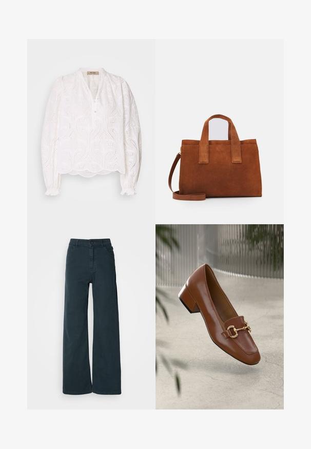 Balta palaidinė su įmantriais išpjovų raštais, sagstoma priekyje, apvaliu iškirpimu ir elastingomis rankovėmis. Minkšta medžiaga, laisvas kirpimas, banginis apvadas.; Plati kojinės tamsiai pilkos medvilnės mišinio, su priekiniais mygtukais, diržo kilpomis ir dviem šoninėmis kišenėmis. Lygus paviršius su minimaliais akcentais.; Rudi lakinės odos loafer'iai su kvadrato formos nosimi, metalinėmis grandinėlių detalėmis ir žemu blokiniu kulnu; sklandus tekstūra, minimalistinis dizainas.; Ruda nubuko odinė rankinė su dviem viršutiniais rankenomis ir reguliuojamu peties diržu. Pasižymi struktūrine forma ir minimalistiniu dizainu.