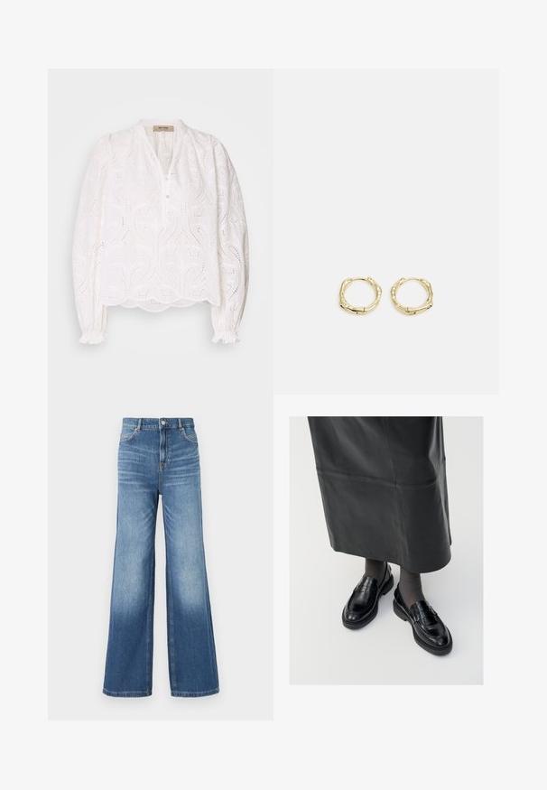 Vit blus med intrikat utskärningsmönster, knäppning framtill, rund halsringning och elastiska manschetter. Mjuk tygkvalitet, lös passform, scalloped nederkant.; Ljusblå denimbyxor med vida ben och hög midja, som har fem fickor, bälteshällor och en subtil blekning mot fållen.; Svarta läderloafers med en slät yta, prydda med en dekorativ rem, rund tå och texturerad sula. Bärs med en lång svart läderkjol.; Guldörhängen i form av ringar med en texturerad, oregelbunden form. Har en sömlös stängning och en polerad yta som betonar en modern design.
